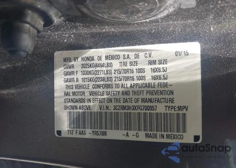 2015 Honda Cr-V Lx из США, поврежденный, VIN 3CZRM3H3XFG700957